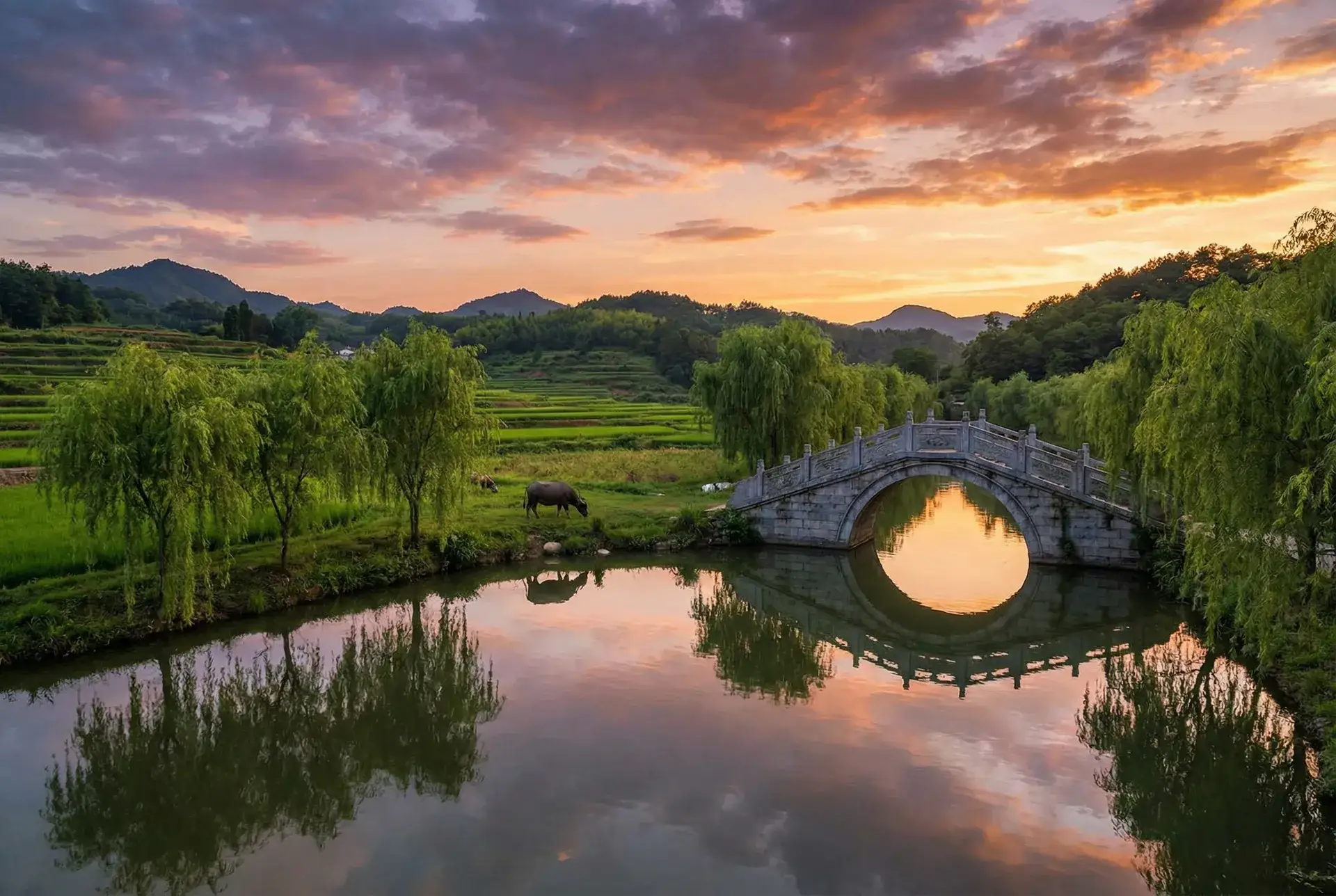 夕阳下的石拱桥与垂柳，水牛在河边吃草 - 无翼乌之侵犯全彩工口电车痴汉 乡村美景