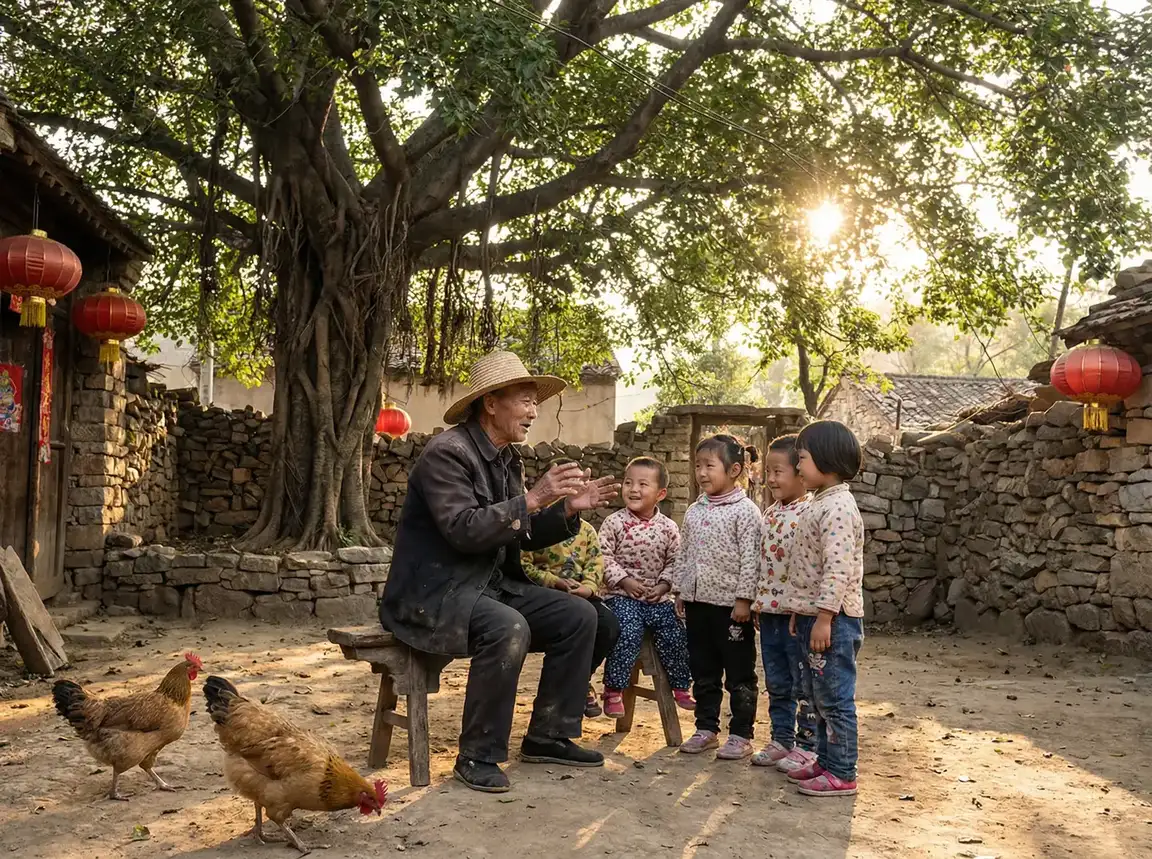 老人在大榕树下给孩子们讲故事 - 无翼乌之侵犯全彩工口电车痴汉 乡村记忆